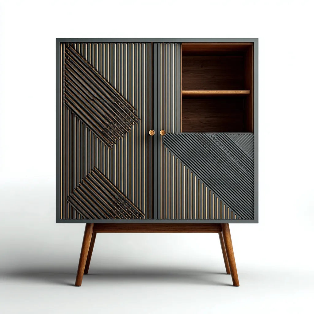 Credenza da sala da pranzo grigia 120×42×135 cm - finiture marrone e oro design geometrico