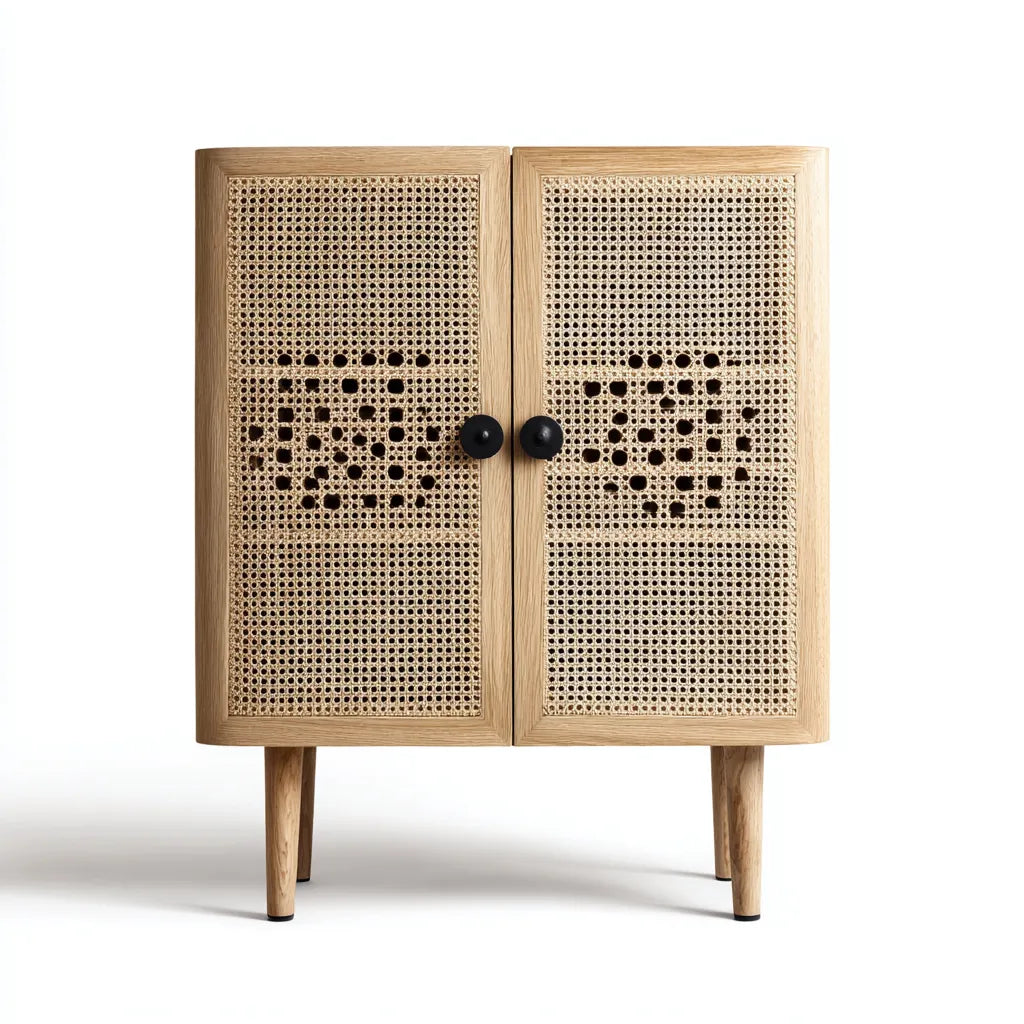Credenza in legno e rattan 78×40×110 cm - naturale e nero - per sala da pranzo in stile boho