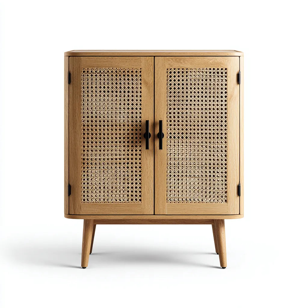 Credenza in legno e rattan 82×38×98 cm - naturale e nero - per sala da pranzo moderna
