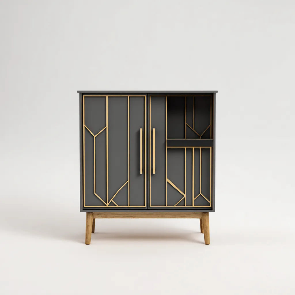 Credenza 100×40×105 cm - legno e metallo - nero e oro - design geometrico elegante per sala da pranzo