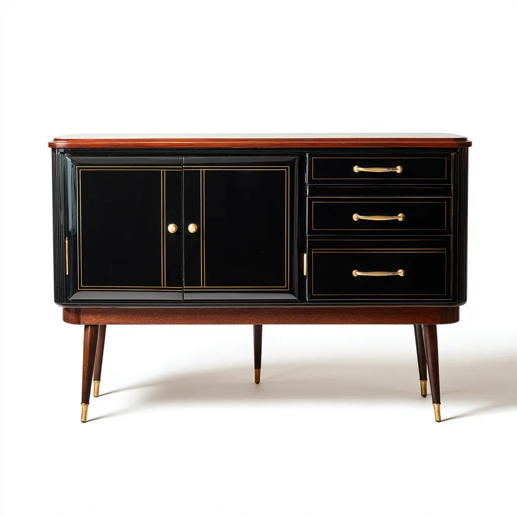 Credenza da sala da pranzo in legno nero 150×45×90 cm - dettagli marrone e oro stile rétro