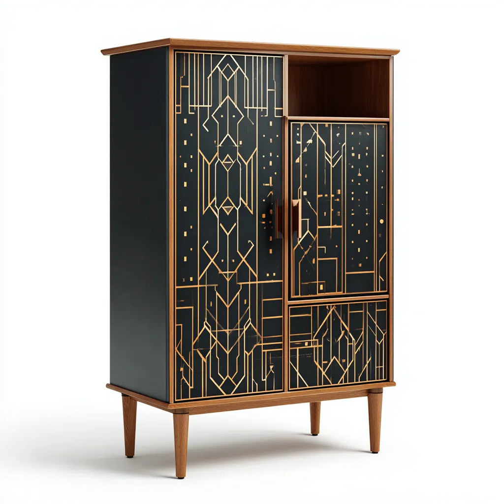 Credenza alta 105×42×155 cm - legno e metallo - nero e marrone - stile déco con vani chiusi e aperti